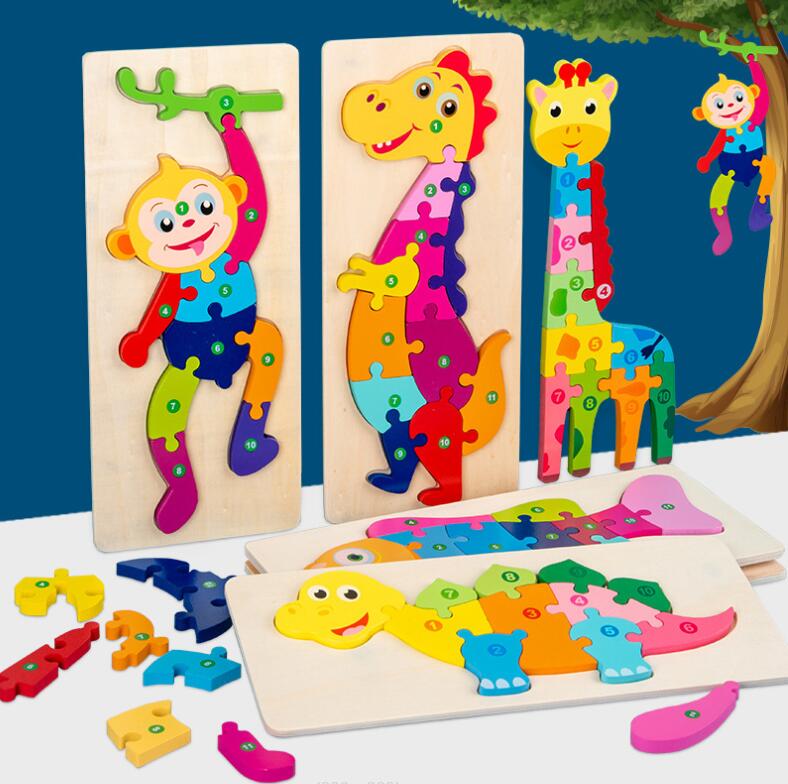 Barn lärande utbildning leksaker 20 stilar 3d trä djur dinosaur pussel färgstarkt nummer lära för barn pojke och tjej 30x12cm stor storlek
