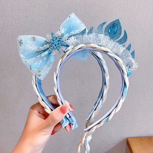 Kind Princess Crown Snowflake Hoofdband Grenadine Bow Knoop Haarstukje Braid Hair Ring Band Hoep Kinderen Girls Cosplay Sieraden Will en Sandy