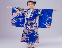 Child Silk Print Floral Peacock Robes Robes 2017 Japonais Girls Kimono Childre