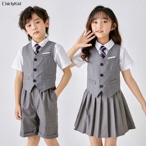 Kind Zomer Schooluniform Meisjes Koreaanse Vest Mini Rokken Outfits Jongens Blazer Formele Jurk Past Shorts Kids Student Kleding Set 240306