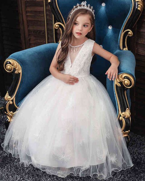 Robe de mariée longue blanche de Style occidental pour enfants, robes brodées à col en v pour filles de 10 ans, Y220510