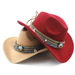 Chapeau de Cowboy occidental creux en laine pour enfants, avec ceinture à pampilles, chapeau de Jazz pour filles, casquette Sombrero, taille 52-54CM, pour 4-8 ans, 294n