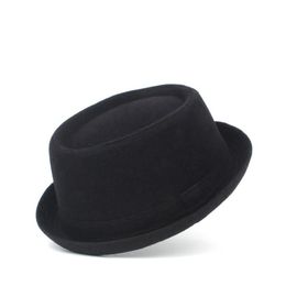Sombrero de lana de 100% para niños, sombrero de pastel de cerdo para niña, sombrero de ala ancha negro para niño, bombín plano, Porkpie, sombrero de ala ancha de Jazz 287U