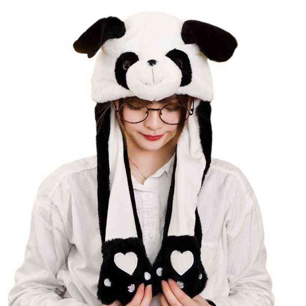 Niños adultos de peluche corto lindo 3D de dibujos animados Panda Animal sombrero con orejas móviles doble Airbag patas cálido orejera Cap Party Props Y21111