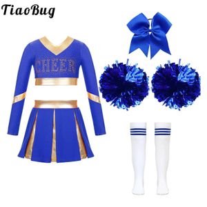 Kinderen en meisjes cheerleading kapitein kostuum carnaval dans feest cheerleading uniform en pom poms stock schoolmeisjes cheerleading kostuum 240425