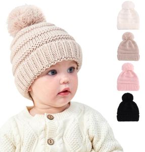 Niños Otoño Invierno Cálido Gorro de punto de lana Bola de piel Pom Poms 0-3 años Bebé de punto Sombreros de acrílico lindo niño bobble gorros gorra