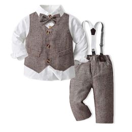 Kinderen Baby Gentleman Clothing Sets Toddler Boy Bow Tie Turn Down kraag met lange mouw shirt Suspender broekpak herfstfeest verjaardag outfits Z005