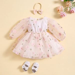 Enfants bébé filles Tulle robe de princesse infantile robe trapèze à manches longues robe de broderie de fleurs avec bandeau 2 pièces vêtements 240226