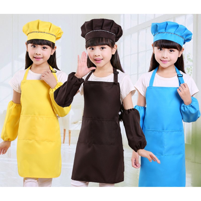 Tablier à manches pour enfants, ensemble de chapeaux, grande poche, cuisine, cuisson, peinture, artisanat, bavoir d'art