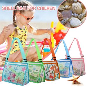 Kinderen strand shell tassen voor zeeschelp speelgoed collectie mesh opbergtas cartoon dinosaurus zeester walvis geprinte ritszake tas draagt ​​5 kleuren