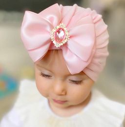 Enfants grand nœud strass pull chapeau bébé anniversaire décorer infantile bandeau bonnet chapeau enfants couleur unie Turban wraps casquette