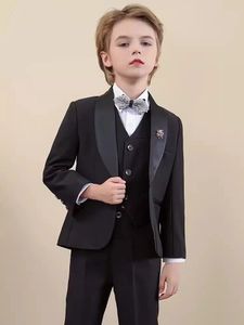 Kinderen Zwarte Piano Pograph Pak Bloem Jongens Jas Vest Broek 3 STKS Trouwjurk Prins Kids Tuxedo Set Afstuderen Kostuum 240312