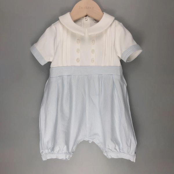 Enfants Boutique Vêtements Bébé Garçon Coton Rayures Bleues À Manches Courtes Barboteuse Enfant Tenue Eid Vêtements Baptême Beau 231226