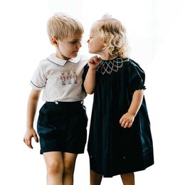 Kinderen Boutique Kleding Brother Sister Mathcing Smoked Kleding Jongens Meisjes Spaanse Outfits Baby Smocking Overalls Suit 210615