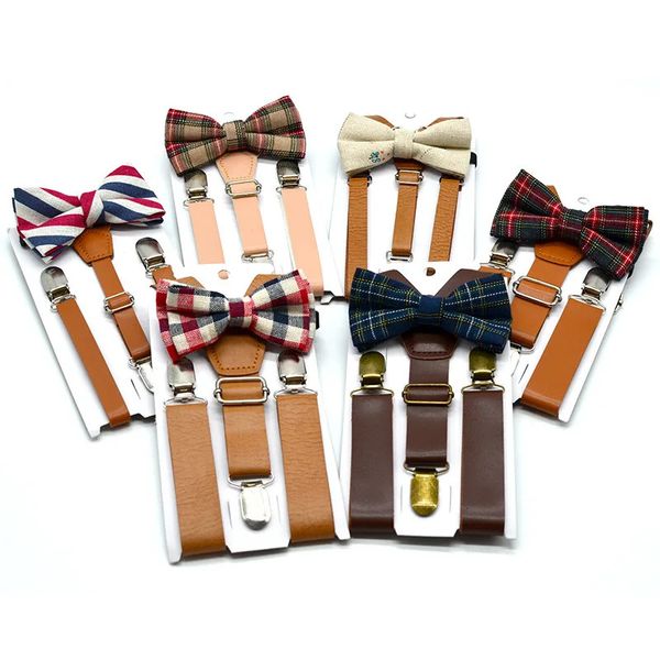 Enfants Bow-knot British Retro Style PU Bretelles En Cuir Clips Bébé Enfants Bow Tie Set Garçons Cravates De Mariage Réglables Accessoires 240109