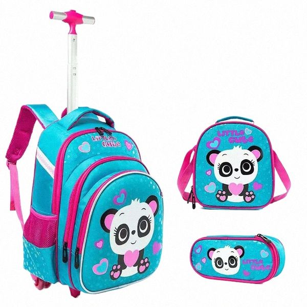 Conjunto de mochila escolar para niños con ruedas Mochila para estudiantes Niñas Bolsa con carrito con bolsa de almuerzo Estuche para lápices Mochila escolar Conjunto j2cN #