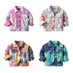 kinderen jongens meisjes lange mouw denim jas kids tie-dye colorfu jas single-breasted lente gebroken stijl 1-7y ripped 211204