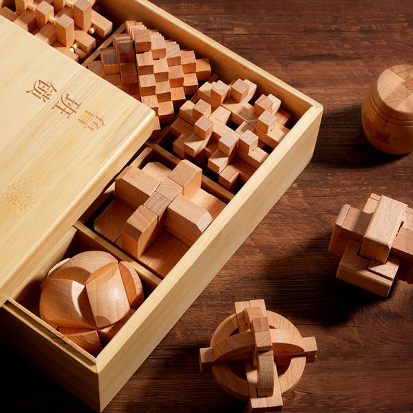 Rompecabezas para niños juguete educativo 9 unids/set haya hecho a mano vintage China Kongming lock Luban lock rompecabezas de madera juguetes 3D