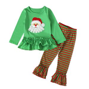 Kinderen Kerstmiskleding Sets Meisjes Santa Claus Print Lange Mouwen Top + Gestreepte Flare Kant Broek 2pcs / Set Xmas Pyjama Kinderkleding M655