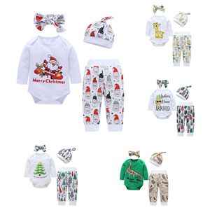 Tenues de Noël pour enfants bébé Père Noël dinosaure cerf barboteuse + pantalon avec bandeau et chapeau 4pcs / set Automne Noël enfants Vêtements Ensembles C5302