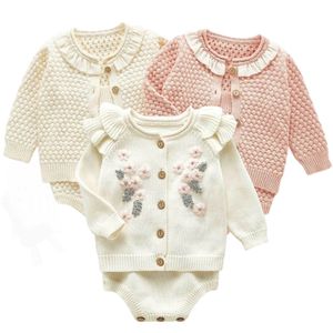 Niños ropa otoño bordado flores conjunto moda bebé Niñas Ropa manga larga punto Cardigan + mameluco conjuntos 210417