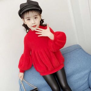 Ropa para niños, jersey de punto, suéter para niña, princesa roja, prendas de punto a la moda, manga farol, Otoño Invierno, suéteres para niñas 210713