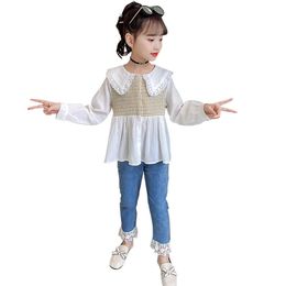 Kinderkleding Plaid Blouse + Jeans Meisjes Kleding Kant Bloemen voor Teenage Casual Style Children's Suits 210528