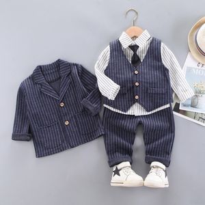 Ropa para niños, ropa de primavera y otoño para bebés, traje de rayas con solapa infantil, chaleco, camiseta, pantalones, 4 unids/set, traje informal para niños pequeños de 0 a 4 años