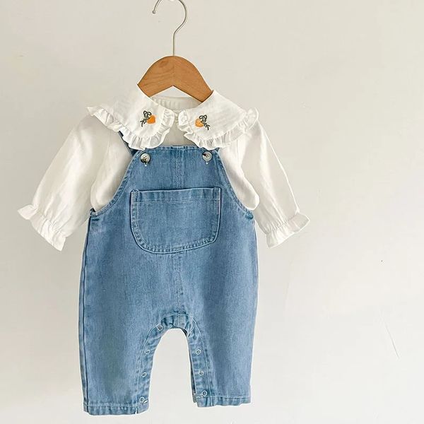 Vêtements pour enfants Costume infantile bébé filles vêtements ensemble à manches longues chemise brodée combinaison en jean automne printemps vêtements costume 240228