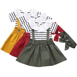 Vêtements pour enfants pour tout-petit bébé bébé volantée col Stripe Romper + Jupe jarretelle + Bandeaux 3pcs / set filles Tenues M1688