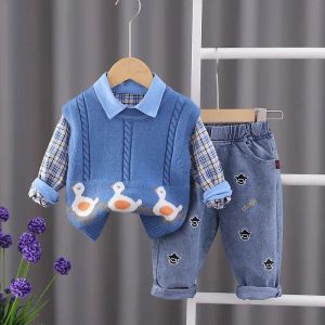 Kinderkledingsets Outfits voor kinderen Suits jongens sets kleding cartoon eend mouwloze gebreide vest shirts jeans baby babyjongen kleding chg2401188-12