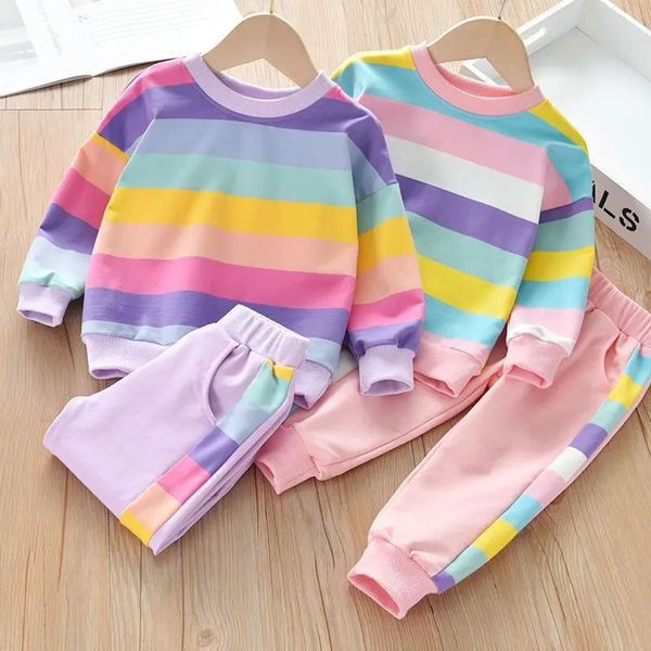 Ropa para niños Primavera Otoño Ropa para niñas pequeñas Rainbow Sweater Pants 2PCS Outfit Kids Sport Traje para niñas Conjuntos de ropa 240202