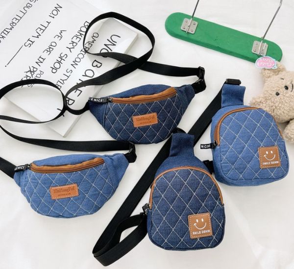 Mochilas acolchadas con entramado de diamantes para niños, bolso de cintura vaquera a la moda para niños y niñas, bolsas de mensajero de un solo hombro para niños Z5569