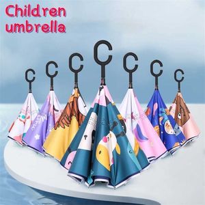 Niños de doble capa inversa paraguas de dibujos animados animal protector solar paraguas largo para niños y niñas mango libre 211124