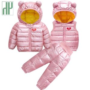 Kinderen Down Katoenen Kleding Hooded Jacket + Broek + Vest 3 stks Set Meisjesjas Baby Jongens Zilver Uitloper Snowsuit Kids Winterjas 201126