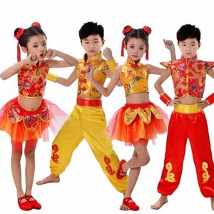 Kinderen Slepen Yangko Volksdans Kostuums Moderne Hanfu Meisjes Jongens Li Natial Wushu Kung Fu Chinese Traditial Dans Kostuum n66l #