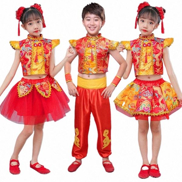 Enfants Drag Yangko Costumes de danse folklorique Hanfu moderne Filles Garçons Li Natial Wushu Kung Fu Costume de danse traditionnelle chinoise 68Ss #