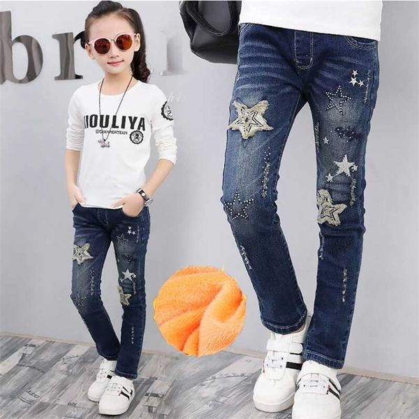 Niños Fleece Jeans Winter Kids Girl Ripped Print Chirldren Denim Casual Pantalones Adolescentes Espesar Warm 211102