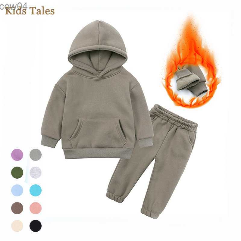 Children Fleece Winter Outfit Toddler Cotton Solid Hoodies Pullover Sweatshirt Pants Tracksuit Set Kids Boy Girl Warm Sweatsuits L230625