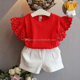 Kinderen Flying Sleeves Outfits Meisjes Hollow Mouwen Top + Shorts 2 stks / set 2018 Zomer Baby Pak Boutique Kinderkleding Sets 2 Kleuren C3838