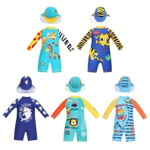 Kinderen voor jongen 1-6y UPF50+ uit één stuk met zonnehoed Swimwear Cartoon Print Zipper Swimsuit Kid Bading Suit L2405