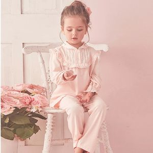 Children Girls Lolita Pink Pajama sets.Turndown Collar Toppants.Vintage Toddler Kids Pyjamas Set.