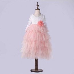 Enfants Filles Princesse Trois Quarter Manches Mesh Tutu Robe de gâteau Max Longueur de Noël Broderie pour enfants 1-8YRS 210529