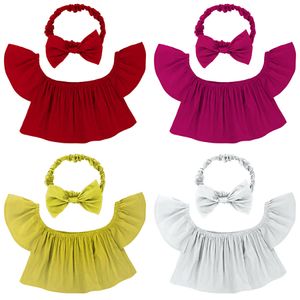 Enfants filles à volants Tees Flying Sleeve Off Tops épaule 2018 été bébé T-shirts Boutique enfants Vêtements avec bandeau Bow C4046