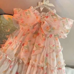 Kinderen meisjes mouwloze zomer 2024 NIEUWE BABY SUPER Fairy Floral Chiffon Girl Princess -jurk