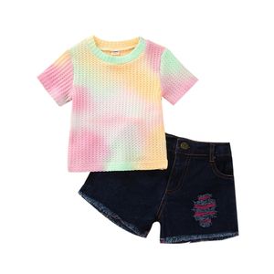 Kinderen Meisjes Tie Dye Kleding Set Korte Mouw T-shirt Top + Denim Shorts 2 stks / set Boutique Kids Outfits M3536