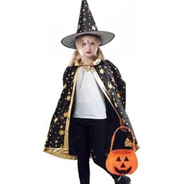 Kinderen Halloween Kostuums Ster Tovenaar Heks Mantel Cape Gewaad met Puntige Hoed Cosplay Props Verjaardagsfeestje Mardi Gras Accessoire