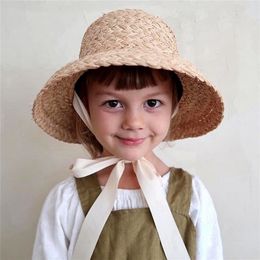 Enfants tricotés à la main raphia rétro plat haut chapeaux de soleil filles et garçons été voyage crème solaire vacances chapeau de paille avec laçage S1161 220513