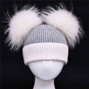 Kinderen hoed peuter kinderen baby warme winter wollen hoed gebreide beanie tweekleurige babyjongens meisjes dubbele echte bont pompoen hoed j220722