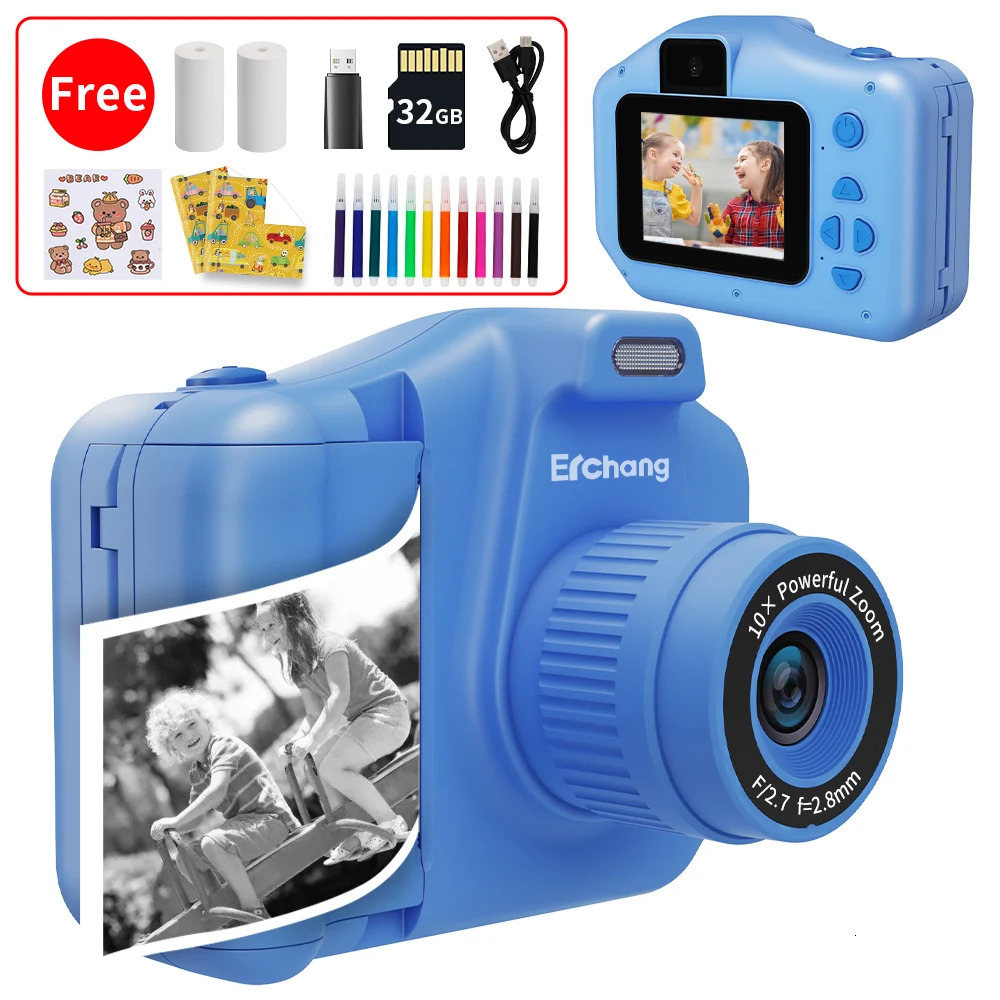 어린이 인스턴트 프린트 카메라 10X 디지털 줌 어린이 디지털 PO 카메라 소녀 어린이 카메라 비디오 소년 생일 선물 240327